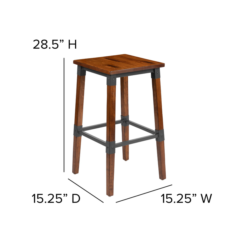 2 Pack Rustic Antique Walnut Industrial Wood Dining Backless Barstool