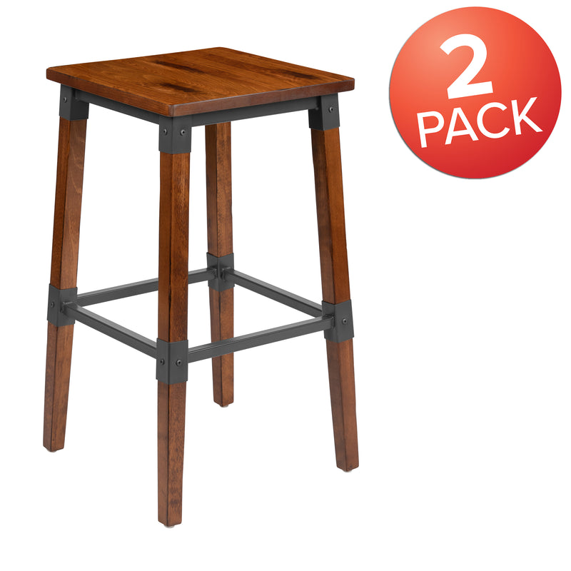 2 Pack Rustic Antique Walnut Industrial Wood Dining Backless Barstool