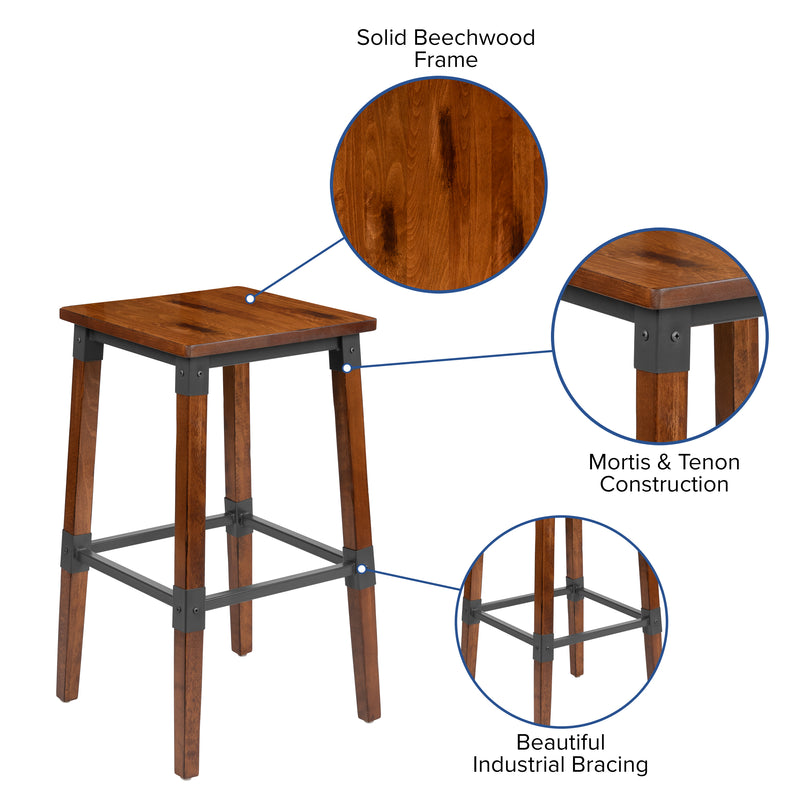 2 Pack Rustic Antique Walnut Industrial Wood Dining Backless Barstool