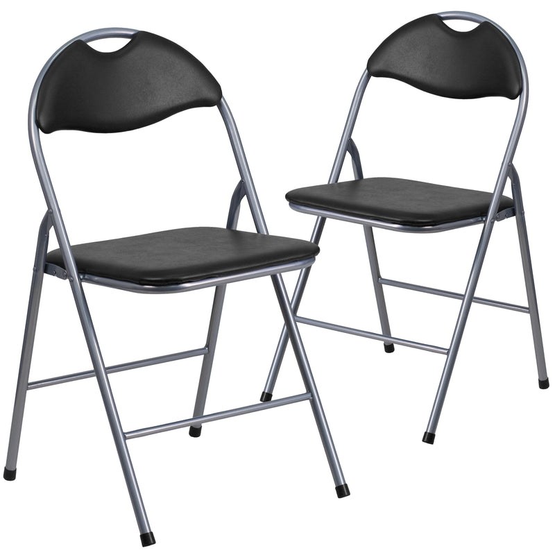 2 Pack SINGLEWAVE Series Black Vinyl Metal Folding Chair with Carrying Handle