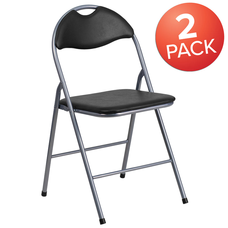 2 Pack SINGLEWAVE Series Black Vinyl Metal Folding Chair with Carrying Handle