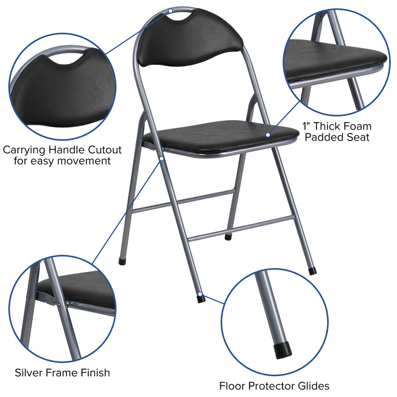 2 Pack SINGLEWAVE Series Black Vinyl Metal Folding Chair with Carrying Handle