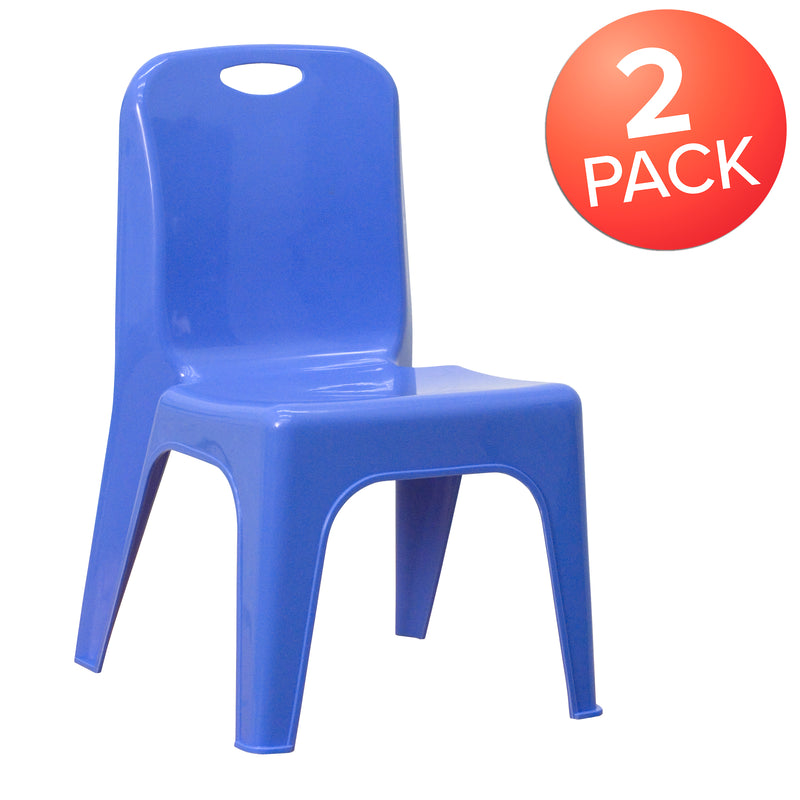 2 Pack Blue Plastic Stackable School Chair with Carrying Handle and 11" Seat Height