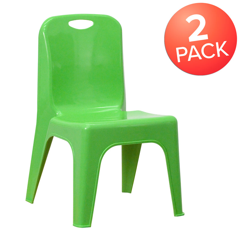 2 Pack Green Plastic Stackable School Chair with Carrying Handle and 11" Seat Height