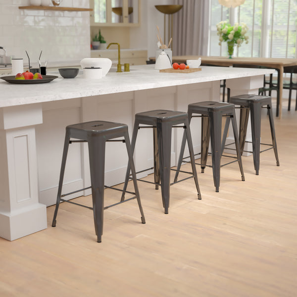 24" High Metal Counter-Height, Indoor Bar Stool in Black - Stackable Set of 4