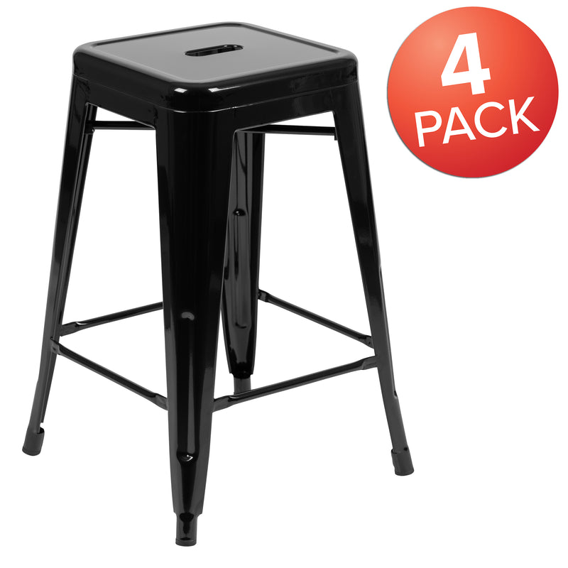 24" High Metal Counter-Height, Indoor Bar Stool in Black - Stackable Set of 4