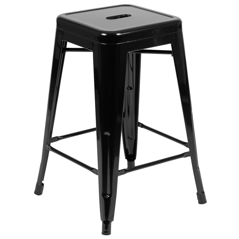 24" High Metal Counter-Height, Indoor Bar Stool in Black - Stackable Set of 4