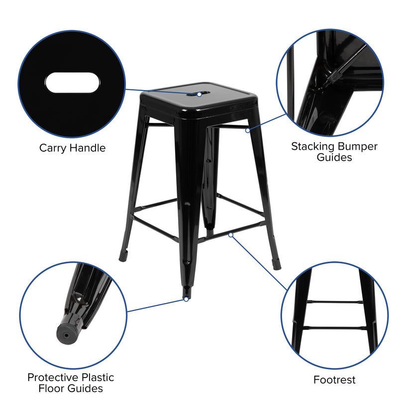 24" High Metal Counter-Height, Indoor Bar Stool in Black - Stackable Set of 4