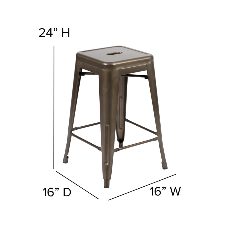 24" High Metal Counter-Height, Indoor Bar Stool in Gun Metal Gray - Stackable Set of 4