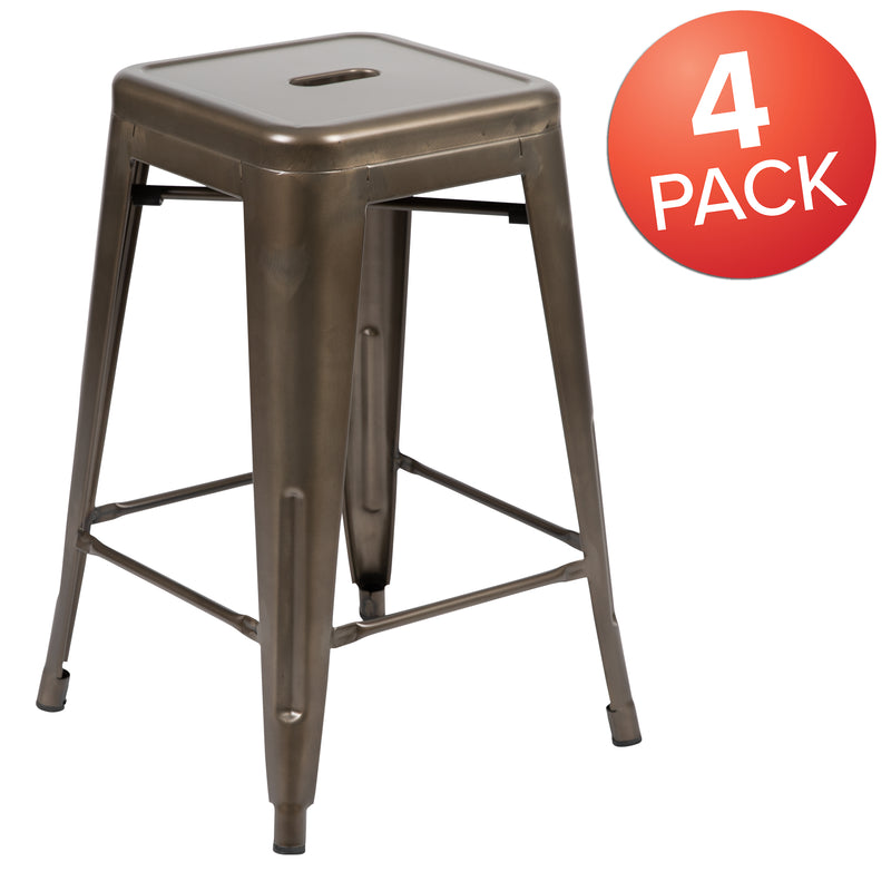 24" High Metal Counter-Height, Indoor Bar Stool in Gun Metal Gray - Stackable Set of 4