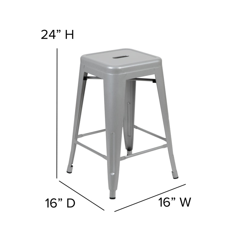 24" High Metal Counter-Height, Indoor Bar Stool in Silver - Stackable Set of 4