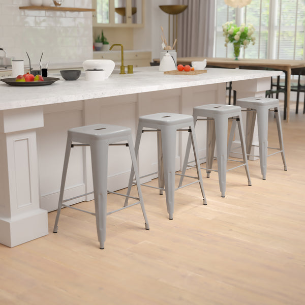 24" High Metal Counter-Height, Indoor Bar Stool in Silver - Stackable Set of 4