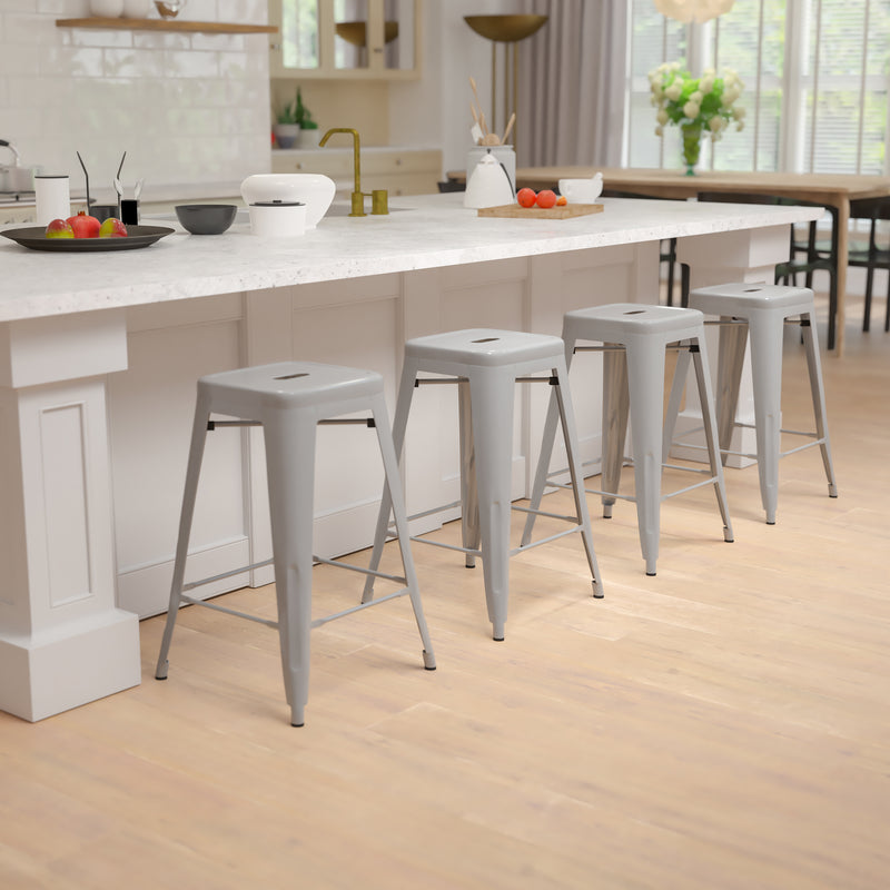 24" High Metal Counter-Height, Indoor Bar Stool in Silver - Stackable Set of 4