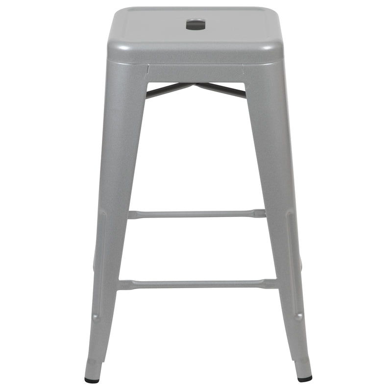 24" High Metal Counter-Height, Indoor Bar Stool in Silver - Stackable Set of 4