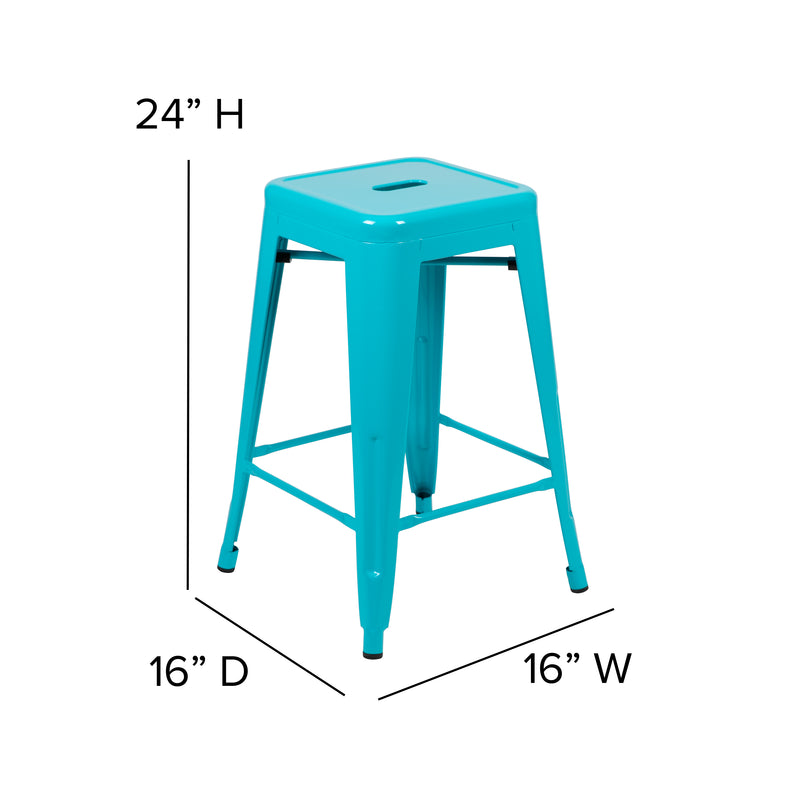 24" High Metal Counter-Height, Indoor Bar Stool in Teal - Stackable Set of 4