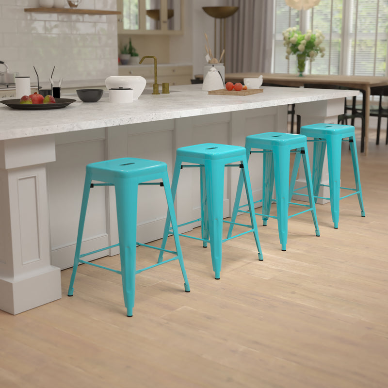 24" High Metal Counter-Height, Indoor Bar Stool in Teal - Stackable Set of 4