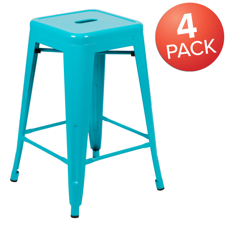 24" High Metal Counter-Height, Indoor Bar Stool in Teal - Stackable Set of 4