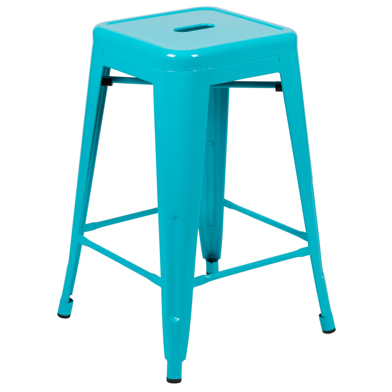 24" High Metal Counter-Height, Indoor Bar Stool in Teal - Stackable Set of 4