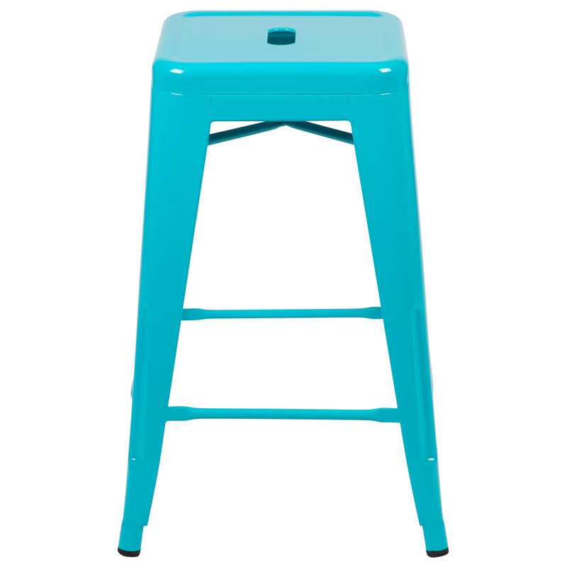 24" High Metal Counter-Height, Indoor Bar Stool in Teal - Stackable Set of 4