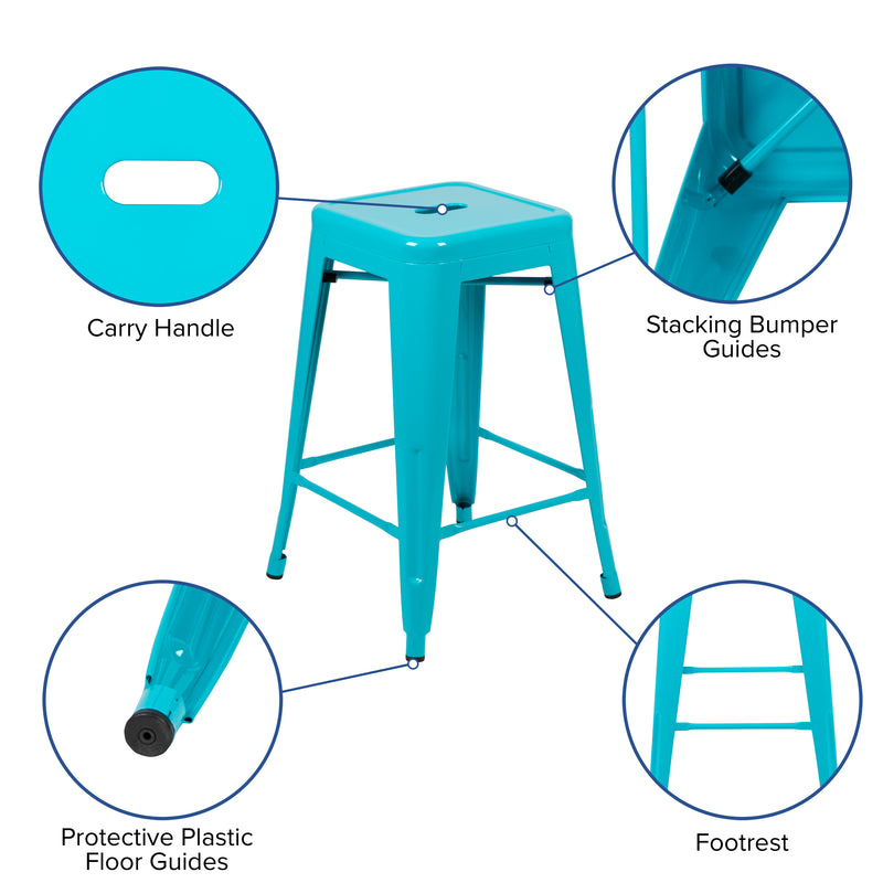 24" High Metal Counter-Height, Indoor Bar Stool in Teal - Stackable Set of 4