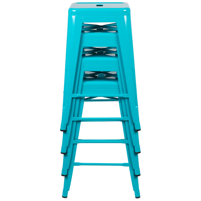 24" High Metal Counter-Height, Indoor Bar Stool in Teal - Stackable Set of 4