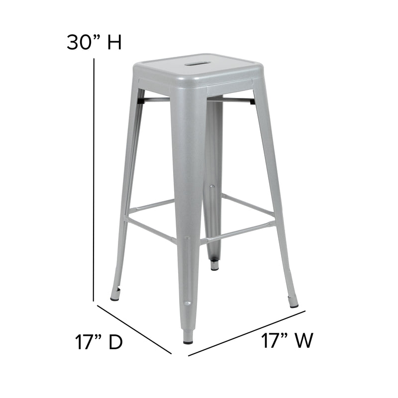 30" High Metal Indoor Bar Stool in Silver - Stackable Set of 4