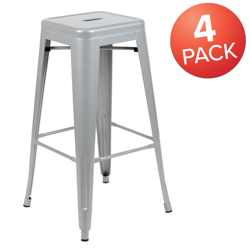 30" High Metal Indoor Bar Stool in Silver - Stackable Set of 4