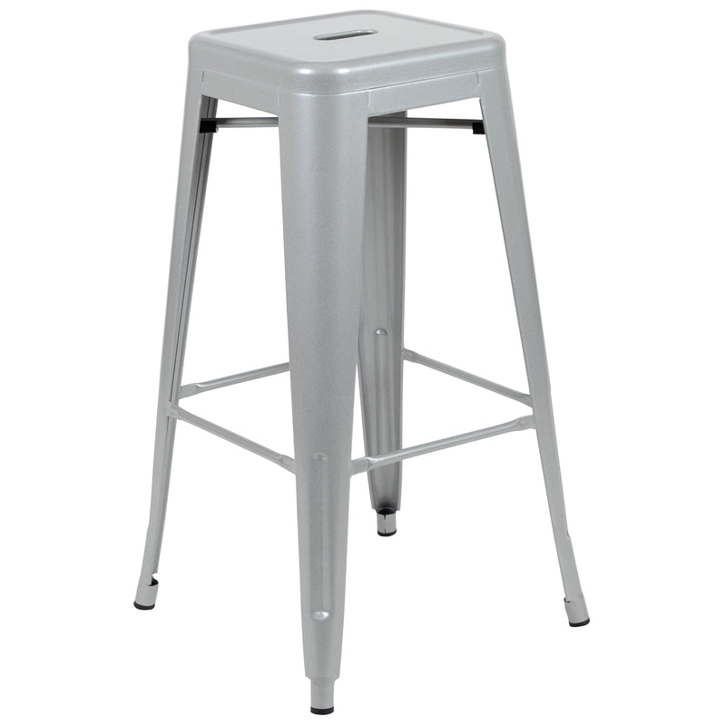 30" High Metal Indoor Bar Stool in Silver - Stackable Set of 4