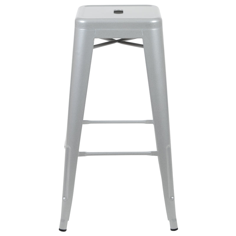 30" High Metal Indoor Bar Stool in Silver - Stackable Set of 4