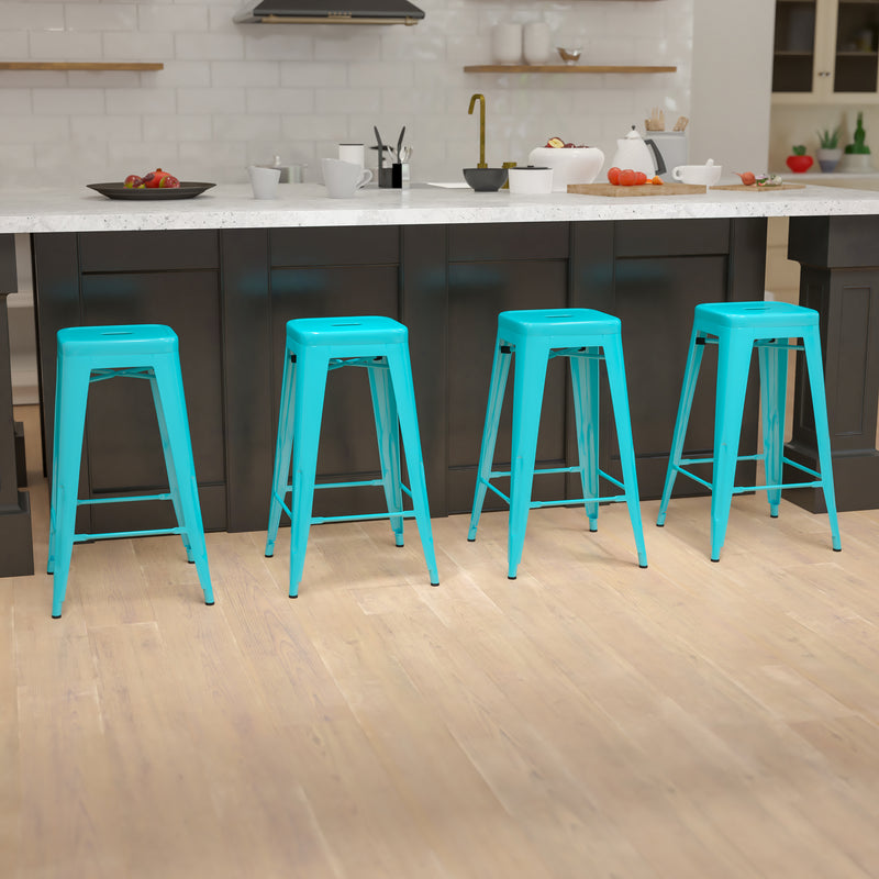 30" High Metal Indoor Bar Stool in Teal - Stackable Set of 4