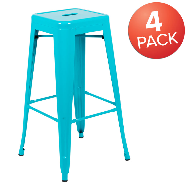 30" High Metal Indoor Bar Stool in Teal - Stackable Set of 4