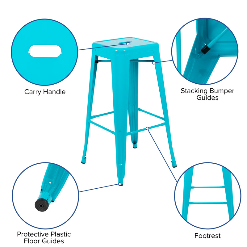 30" High Metal Indoor Bar Stool in Teal - Stackable Set of 4