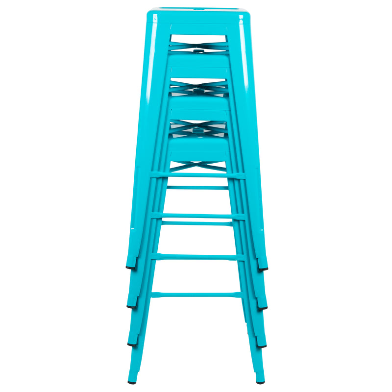 30" High Metal Indoor Bar Stool in Teal - Stackable Set of 4