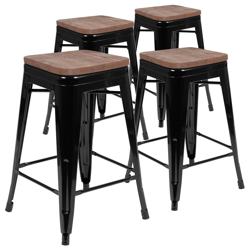 24" High Metal Counter-Height, Indoor Bar Stool with Wood Seat in Black - Stackable Set of 4