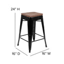 24" High Metal Counter-Height, Indoor Bar Stool with Wood Seat in Black - Stackable Set of 4