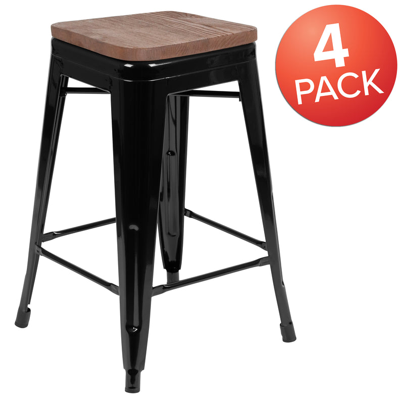 24" High Metal Counter-Height, Indoor Bar Stool with Wood Seat in Black - Stackable Set of 4