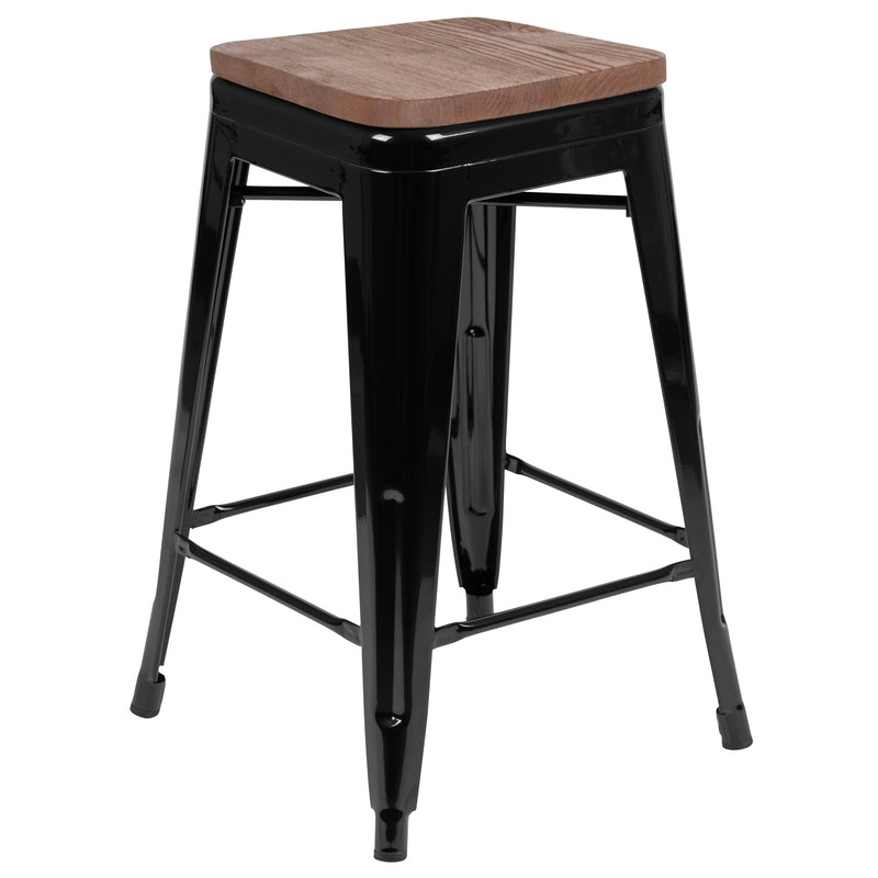 24" High Metal Counter-Height, Indoor Bar Stool with Wood Seat in Black - Stackable Set of 4