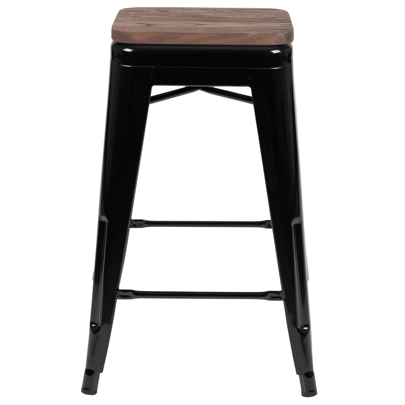 24" High Metal Counter-Height, Indoor Bar Stool with Wood Seat in Black - Stackable Set of 4