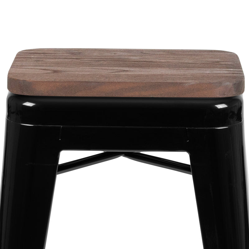 24" High Metal Counter-Height, Indoor Bar Stool with Wood Seat in Black - Stackable Set of 4