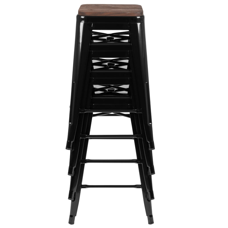 24" High Metal Counter-Height, Indoor Bar Stool with Wood Seat in Black - Stackable Set of 4