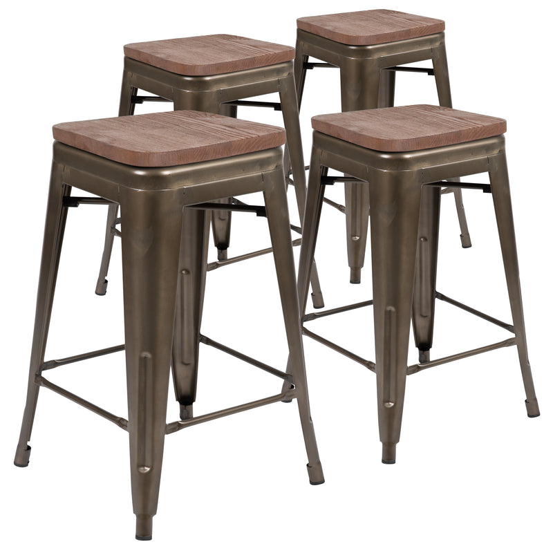 24" High Metal Counter-Height, Indoor Bar Stool with Wood Seat in Gun Metal Gray - Stackable Set of 4