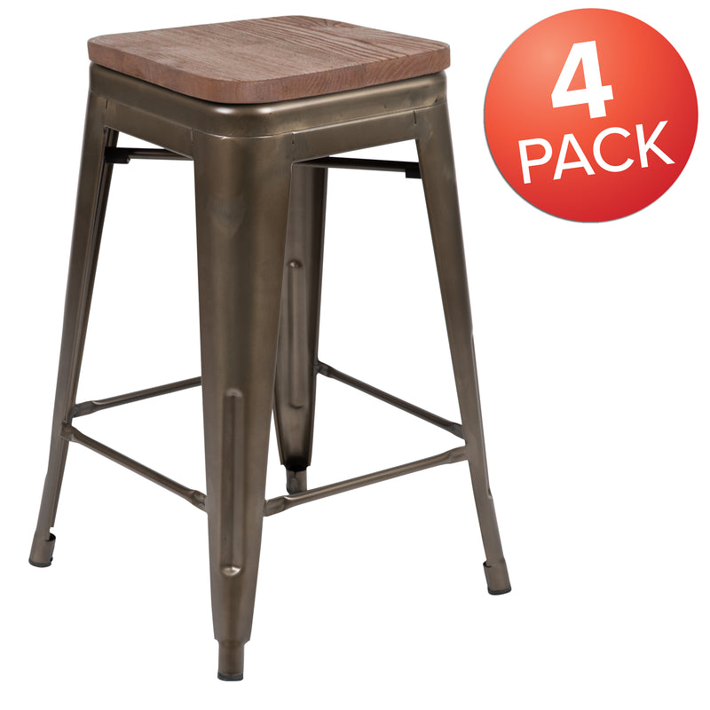 24" High Metal Counter-Height, Indoor Bar Stool with Wood Seat in Gun Metal Gray - Stackable Set of 4