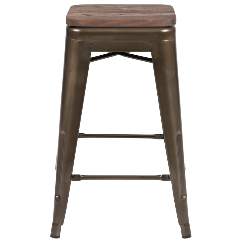 24" High Metal Counter-Height, Indoor Bar Stool with Wood Seat in Gun Metal Gray - Stackable Set of 4