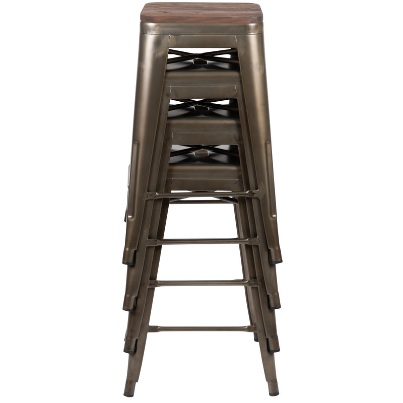 24" High Metal Counter-Height, Indoor Bar Stool with Wood Seat in Gun Metal Gray - Stackable Set of 4