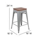 24" High Metal Counter-Height, Indoor Bar Stool with Wood Seat in Silver - Stackable Set of 4