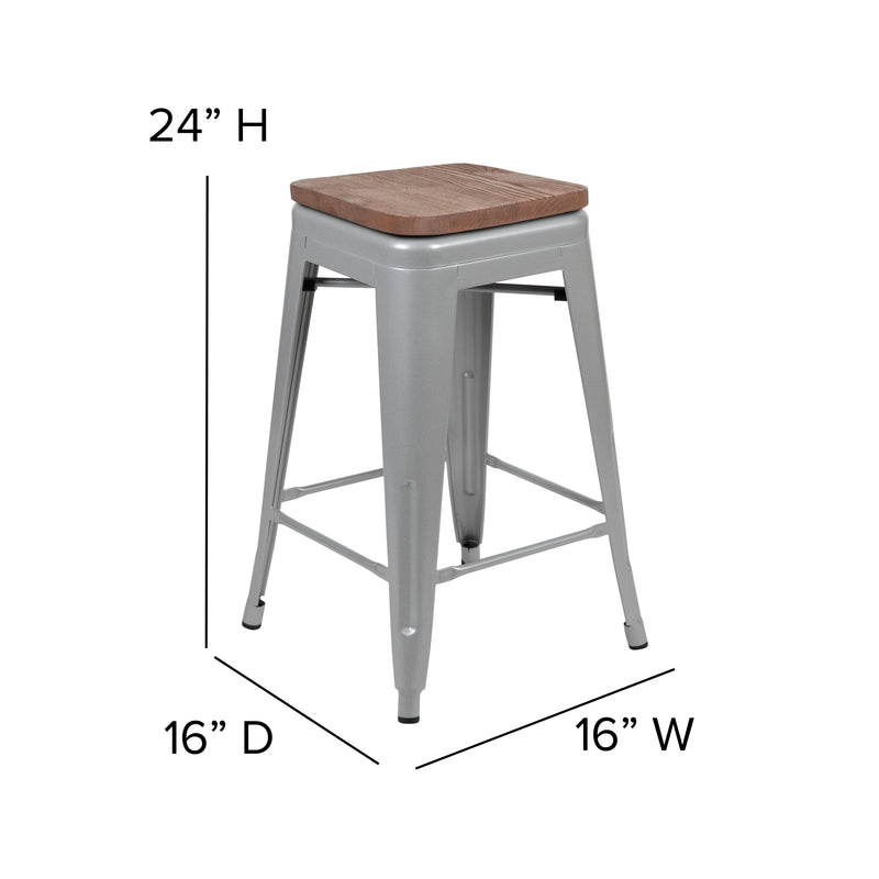 24" High Metal Counter-Height, Indoor Bar Stool with Wood Seat in Silver - Stackable Set of 4