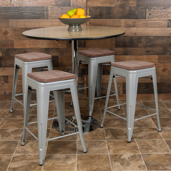 24" High Metal Counter-Height, Indoor Bar Stool with Wood Seat in Silver - Stackable Set of 4