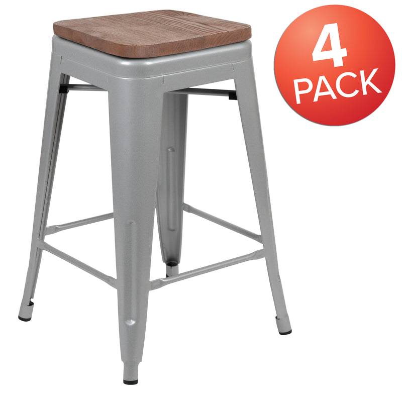 24" High Metal Counter-Height, Indoor Bar Stool with Wood Seat in Silver - Stackable Set of 4