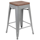 24" High Metal Counter-Height, Indoor Bar Stool with Wood Seat in Silver - Stackable Set of 4