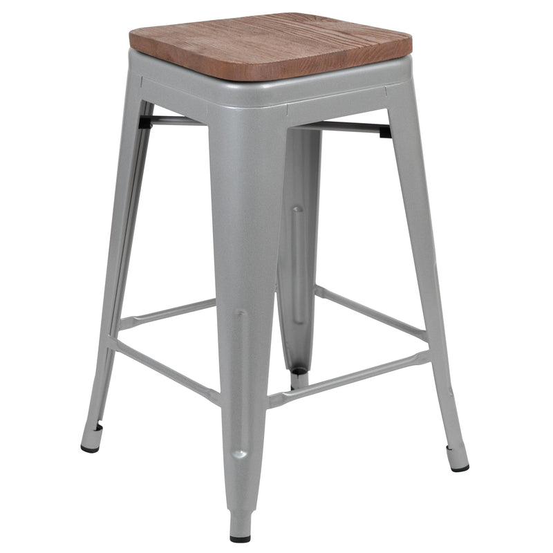 24" High Metal Counter-Height, Indoor Bar Stool with Wood Seat in Silver - Stackable Set of 4